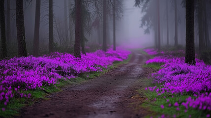 misty forest path is flanked by vibrant purple flowers, creating a striking contrast against the muted tones of the trees. The fog adds an ethereal atmosphere