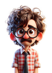 sad man, 3d cartoon nerdy worried guy with glasses, isolated on white