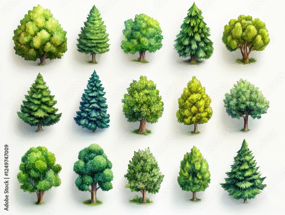 Poster a collection of various illustrated trees in different styles and shapes.