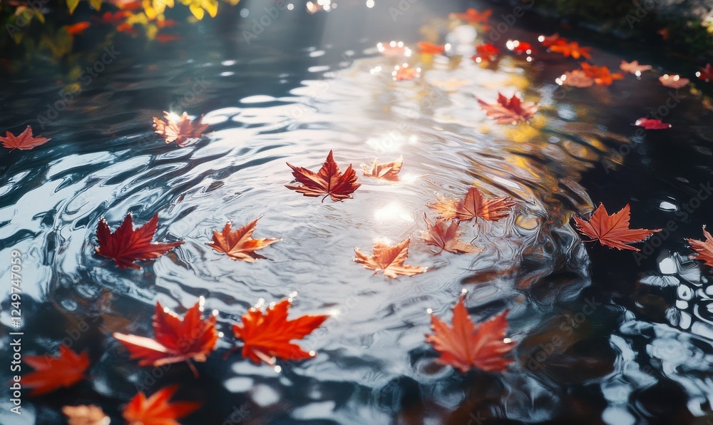 Poster bright red autumn leaves floating on a tranquil stream, with sunlight reflecting off the water's sur