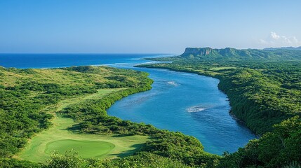 Coastal golf course river landscape, ocean view, tropical paradise, vacation