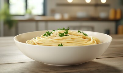 Bowl of creamy pasta with a light Alfredo sauce, garnished with fresh parsley and Parmesan, styled on a rustic wooden table for a comforting vibe