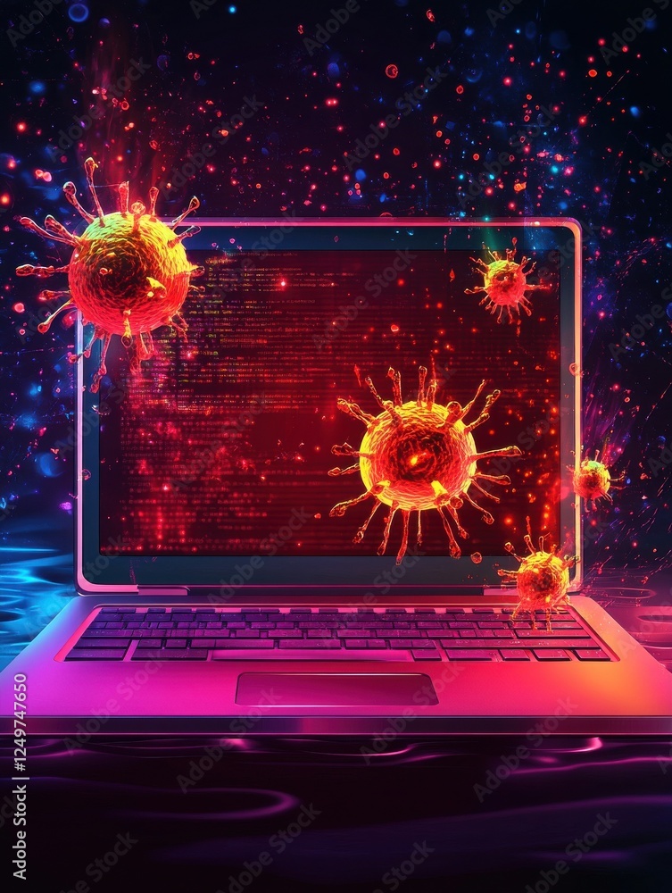 Poster laptop virus alert, hacker attack. office panic due to hacker attack on computer vector illustration