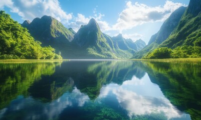Fototapeta premium Calm lake surrounded by lush greenery and towering mountains, reflecting the beauty of untouched nature.