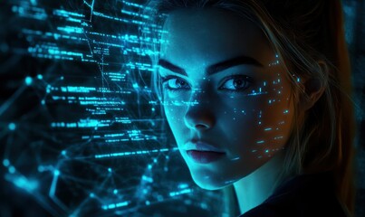 A focused woman in front of a glowing data interface, denoting information analysis or futuristic technology