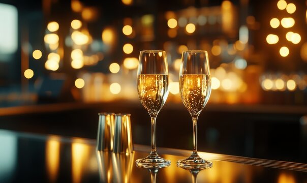 Elegant bar counter with sparkling wine glasses, illuminated by soft golden light, evoking sophistication and nightlife ambiance
