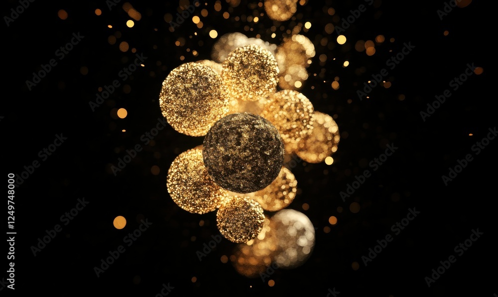 Poster abstract depiction of glowing golden spheres clustered together against a minimalistic background.