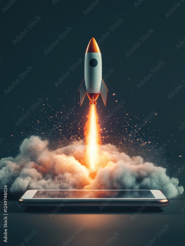 Poster start up concept with abstract rocket launching from tablet screen on dark grey background. 3d rende
