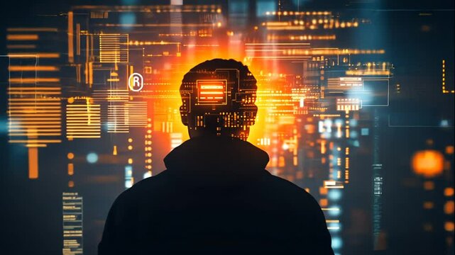 A silhouette of a person's back stands against a bright orange tech interface. Abstract digital interface silhouette.