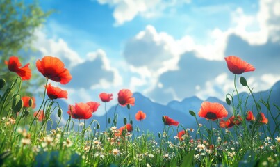 Obraz premium Bright poppies blooming in a sunlit meadow, with vibrant red petals swaying gently in the breeze, creating a serene floral scene