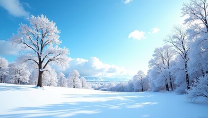 Obraz premium Snowy landscape with bare trees against a clear blue sky, tree, frost, frozen