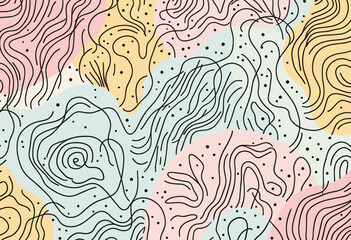 A mix of curved lines, dots, and swirls in pastel colors, creating a visually striking and dynamic design. Vector patterns, random pattern