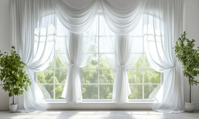 Elegant window with flowing white curtains, capturing soft natural light and a peaceful atmosphere