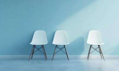 Empty row of white chairs against a pale blue wall in a minimalist waiting area, flooded with soft natural light