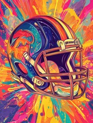 Obraz premium An artistic representation of a football helmet on a vibrant background featuring colorful abstract shapes and dynamic patterns illustration