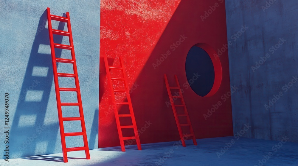 Poster red target with many ladders on blue wall. business and challenge concept. mock up, 3d rendering.
