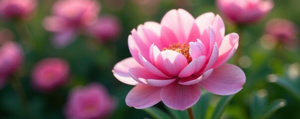 Fototapeta premium Soft pink peony blossoms, lush petals, blurred background, floral, background, spring