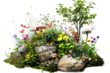 Fairy Garden Wonderland with Flowers, Mushrooms, and Insects