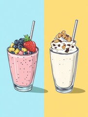 A side-by-side comparison of a nutrient-packed vegetarian smoothie bowl and a high-calorie fast food milkshake with sugary toppings illustration