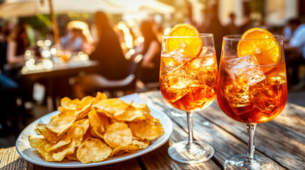 Fototapeta premium Two Spritz cocktails with orange slices and ice, served alongside a plate of crispy chips on a rustic wooden table at an outdoor café during sunset