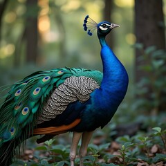 Obraz premium The Indian peafowl or Pavo cristatus, also known as the common peafowl or blue peafowl. Close up view.