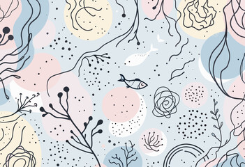 A variety of abstract shapes and designs, including lines, dots, and organic forms, such as plants and fish, set against a light blue background. Vector patterns, random pattern