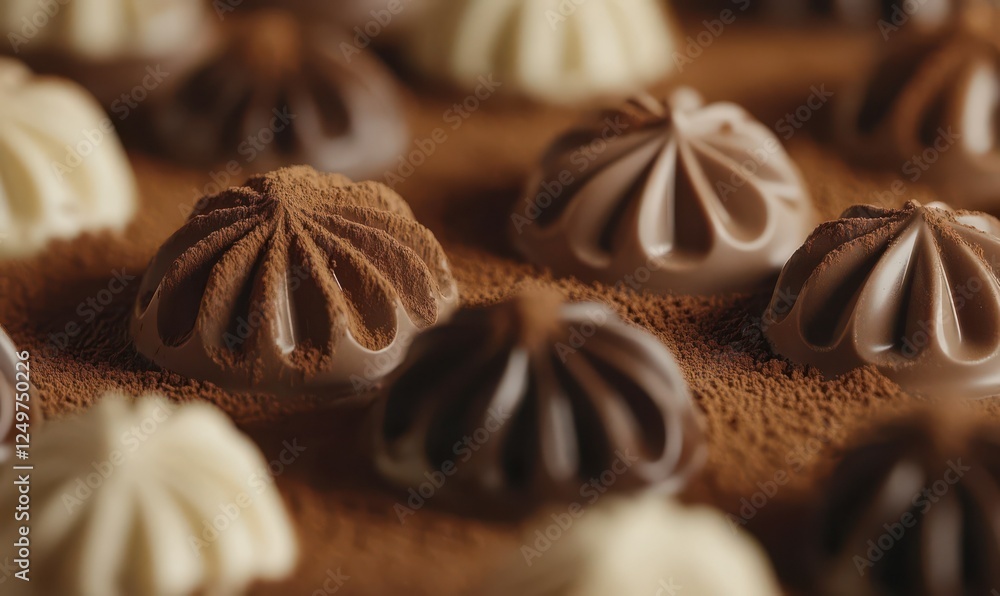 Poster close-up of decadent handmade chocolates in various shapes and textures, styled with a scattering of