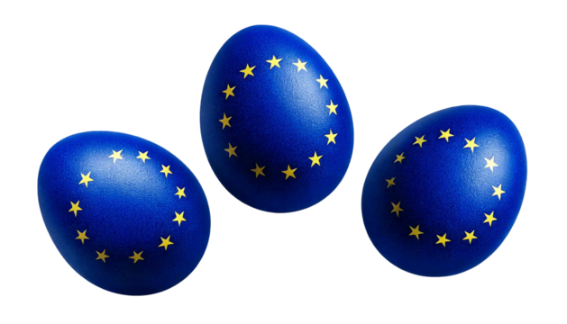 Ostereier mit Europa-Flaggen bemalt, in leuchtenden Farben und detailreichen Mustern, symbolisieren Vielfalt und kulturelle Einheit. Perfekt für internationales Osterfest