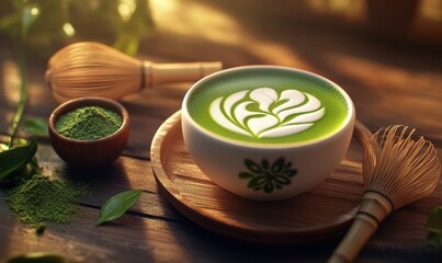 Cup of matcha latte with intricate foam art, placed on a wooden table alongside a bamboo whisk and a small bowl of green tea powder.