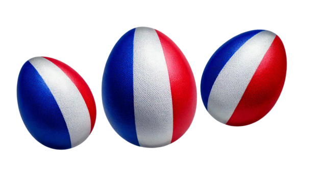 Ostereier in den Farben der französischen Flagge: Blau, Weiß und Rot, kunstvoll bemalt und auf einer festlichen Ostertafel arrangiert