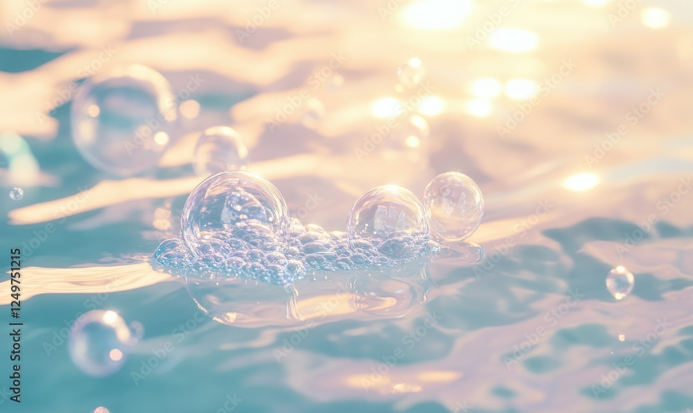 Poster delicate bubbles floating on the surface of soapy water, reflecting vibrant hues of light, creating 