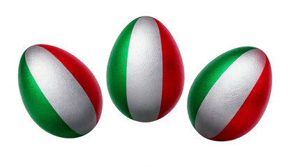 Bunte Ostereier mit der italienischen Flagge bemalt, in leuchtendem Grün, Weiß und Rot. Sie liegen dekorativ auf einer Osterwiese im Frühling