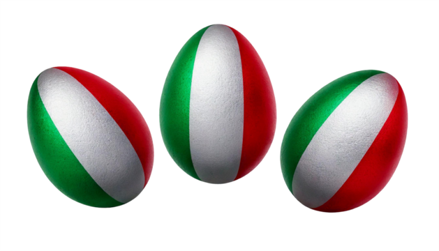 Bunte Ostereier mit der italienischen Flagge bemalt, in leuchtendem Grün, Weiß und Rot. Sie liegen dekorativ auf einer Osterwiese im Frühling