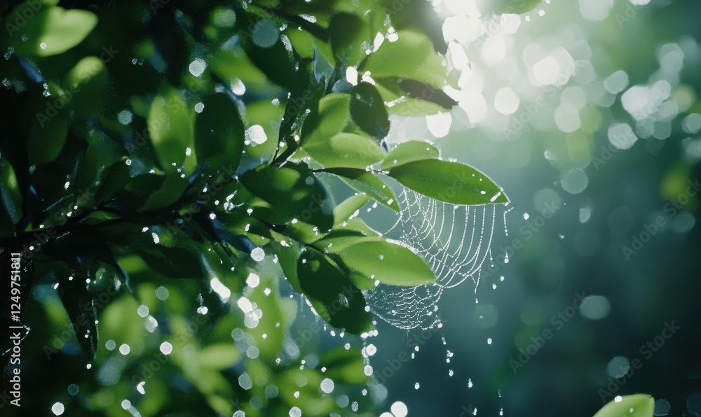 Poster detailed macro shot of raindrops clinging to a spiderweb in a lush garden, reflecting light and crea