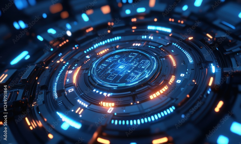Aufkleber detailed view of futuristic glowing ai chip surrounded by neon blue circuits, sharp focus on advance