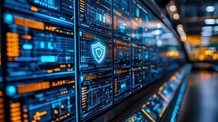 Cybersecurity dashboard wall in server room