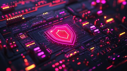 Fototapeta premium Cybersecurity Shield on Circuit Board Interface