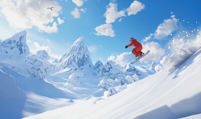 Dynamic shot of a snowboarder mid-air performing a trick on a snow-covered slope, with a backdrop of towering icy peaks and bright blue skies.
