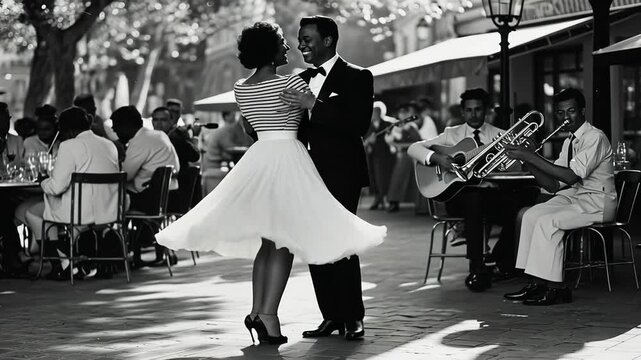 Dancing Couple in Parisian Street Scene from the 1960s