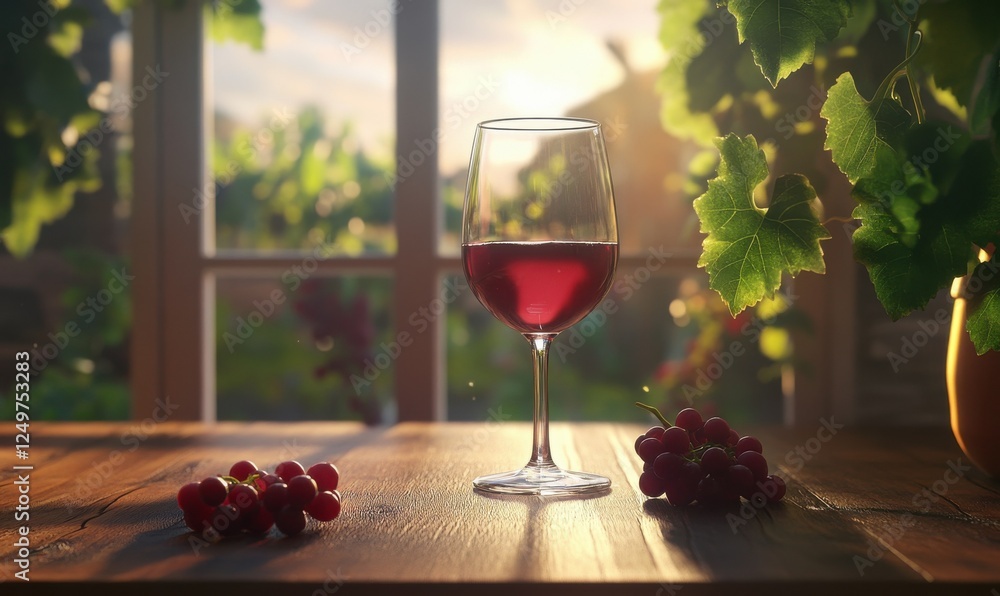 Poster elegant glass of red wine on a wooden table, surrounded by grapevines and soft evening light, creati