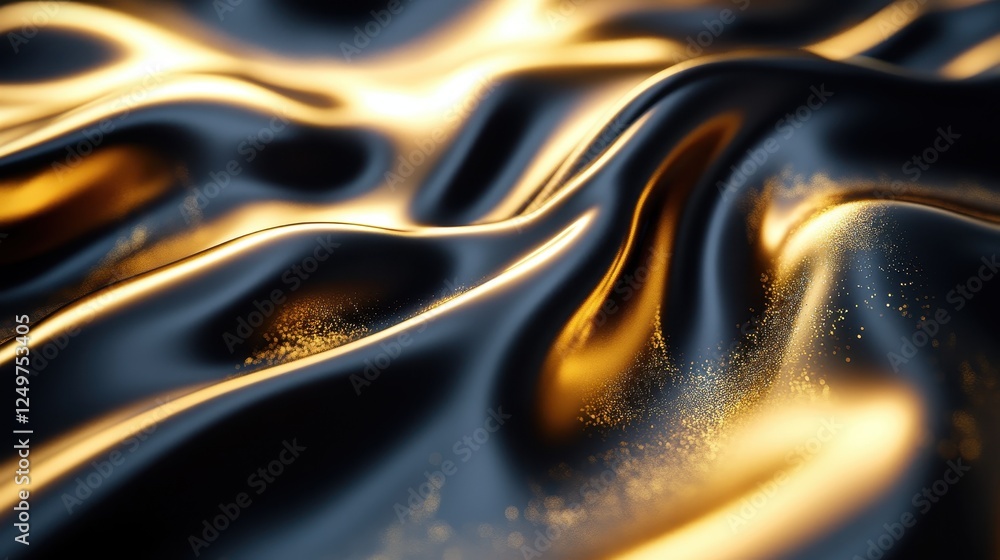 Wall mural Luxurious black silk fabric, golden shimmer, abstract waves, dark background, design texture