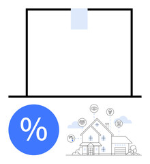 Large window open above blue percent icon, house and smart technology line icons. Ideal for real estate, mortgages, smart homes, IoT devices, financial planning, home automation, technology