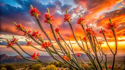 Arizona ocotillo's fiery bloom explodes in a stunning sunset long exposure, capturing California desert magic.