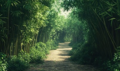 Fototapeta premium Forest path lined with vibrant green bamboo stalks reaching skyward, creating a peaceful and immersive nature scene