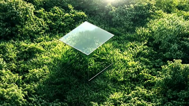 Reflective glass square resting on lush green grass landscape