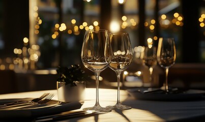 Elegant wine glasses sparkling under golden light, arranged for an upscale dining experience.