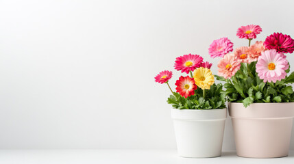 Beautiful fresh flower plants in simple pots with a clean white background