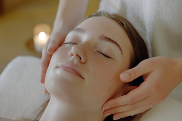 Relaxed young woman receiving a facial massage in a spa centre