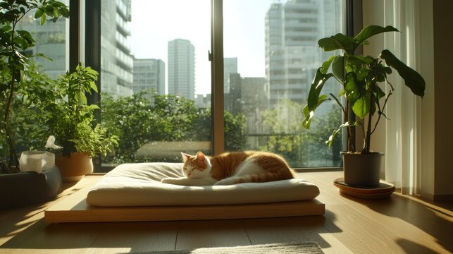 A minimalist bedroom with a pet-friendly design, featuring a pet bed integrated into the furniture