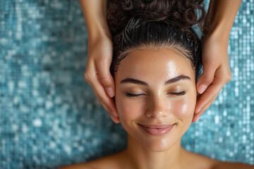 Naklejka premium Beautiful young woman enjoying a head massage in a spa salon